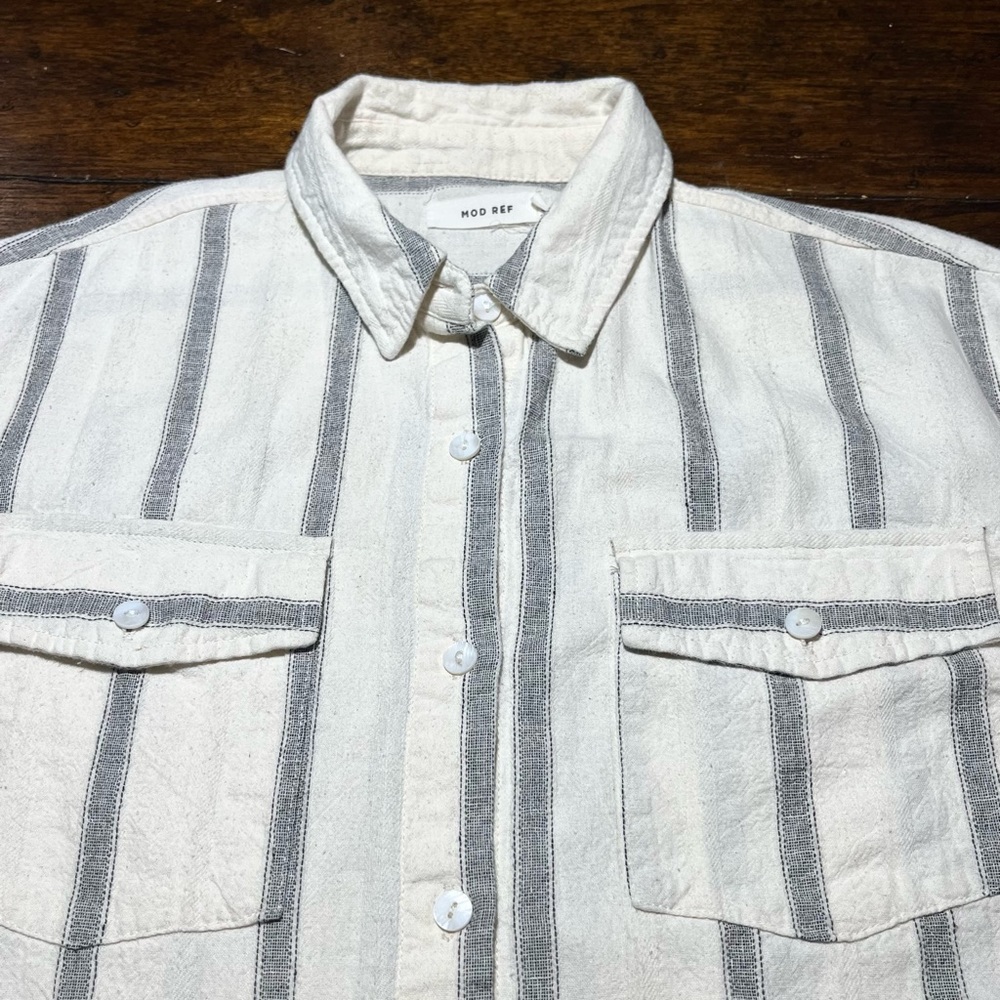 MOD REF Striped Button Down Shirt Womens S Oversized 100% Cotton White Gray - Picture 3 of 9